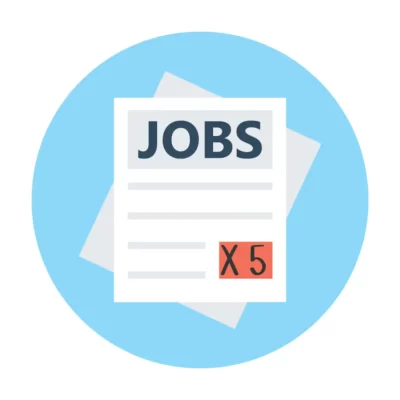 Blue circle with drawn document on top. Document says the word "jobs", and "x 5".