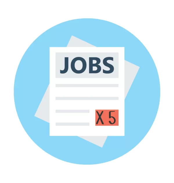 Blue circle with drawn document on top. Document says the word "jobs", and "x 5".